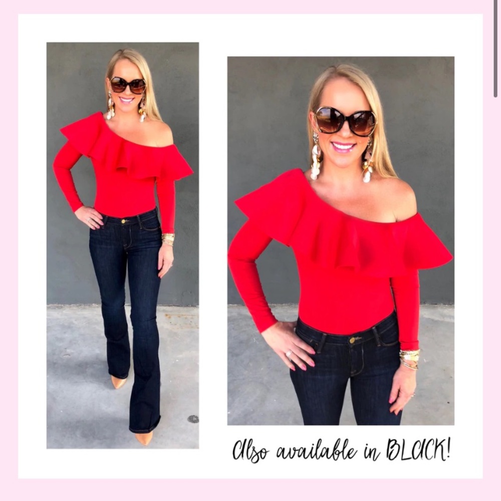 Bright Red One Shoulder Long Sleeve Bodysuit with Scuba Material Ruffle